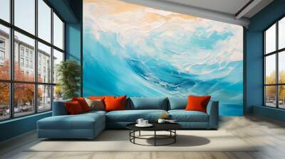 Beach seascape ocean waves arial top view, colorful sea or ocean water waves and sandy beach sand. Summer art tropical background with teal, aqua, blue seacoast ocean foam wave by Vita Wall mural