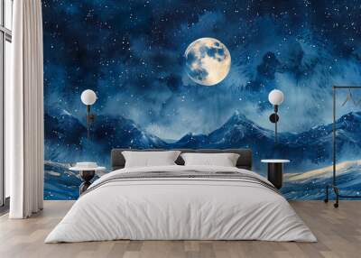 Blue moon, beautiful cumulus lush clouds in night moonlight. Large full moon shines brightly on a deep starry night.  Winter snow mountains illustration wallpaper  Wall mural