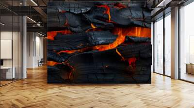 Burning wood coals with glowing and flaming hot charcoal briquettes, close-up orange, black, red texture for Halloween background. Abstract horror fire, ash, night October BBQ barbecue party banner Wall mural