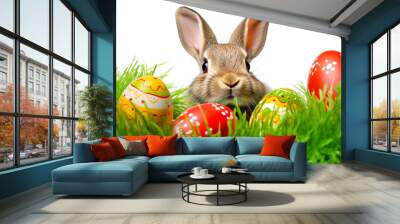 Easter bunny and easter eggs on green grass field, spring meadow. Isolated on white background for copy space text. Easter concept banner, illustration by Vita Wall mural