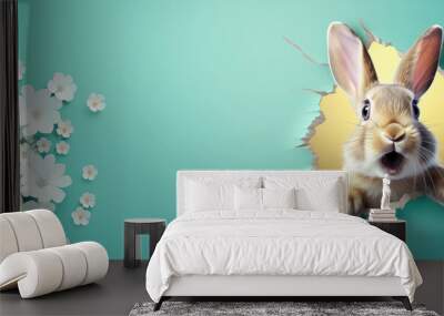 Easter flowers and cute bunny on teal green backgrou,  poster and banner template with. Greetings for Easter Day in flat lay. Promotion and shopping banner  by Vita Wall mural