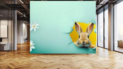 Easter poster and banner template with Easter flowers, cute bunny on pastel green background. Greetings for Easter Day in flat lay. Promotion and shopping template for Easter by Vita Wall mural