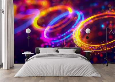 Glowing rings of neon purple, yellow, and pink in vibrant colours for international sports games. Abstract symbol background for a finish for a first place at Olympic Games in France Wall mural