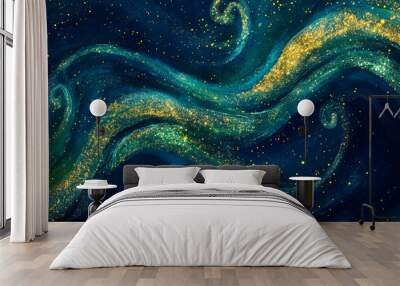 Gold, blue particles waves. Golden green particle star dust pattern background. Liquid iridescent shiny magic depth of field backdrop. Fantasy night sky with stars for holiday 2025 new year party  Wall mural