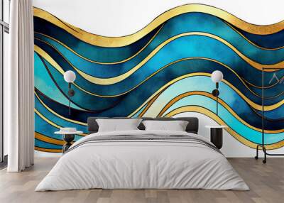 Gold and teal blue waves abstract luxury transparent background for copy space text. Golden blue color modern retro curves backdrop. Generative AI Wall mural