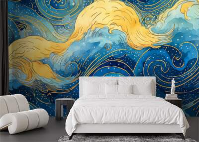 Magical fairytale ocean waves art painting. Unique blue and gold wavy swirls of magic water. Fairytale navy and yellow sea waves. Children’s book waves, kids nursery cartoon illustration by Vita Wall mural