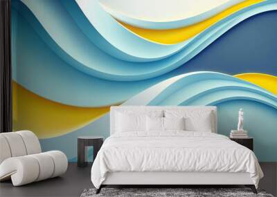 ocean water wave copy space for text. Blue and yellow cartoon wave for pool party or ocean beach travel. Web banner, backdrop, background graphic. Generative AI Wall mural