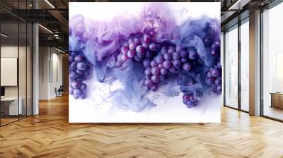 Purple grapes surrounded by blue mysterious mist and smoke banner. Delicious fresh juicy seedless red grapes summer background. Wine lover wallpaper  Wall mural