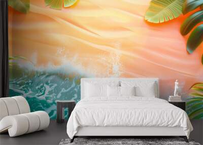 Sandy tropical beach with ocean wave background. Tropical product promotion for beach travel display. Minimal showcase 3D render for advertisement sale Wall mural