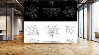 Set of spider webs on black and white background. Elegant mesh patterns with a happy halloween party ornament. Vector illustration Wall mural