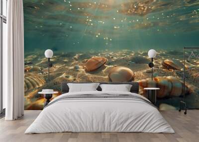 Underwater world of the ocean or sea with sea pebbles pebbles pebble. Sun rays break through the blue water to the rocky bottom. Nautical wallpaper. Wall mural