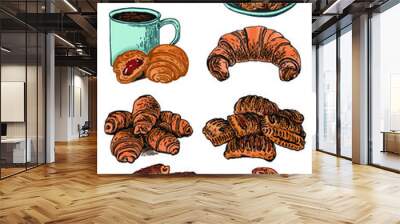 Vector color big set of croissants on white isolated, bakery elements.Sweet shop elements Wall mural