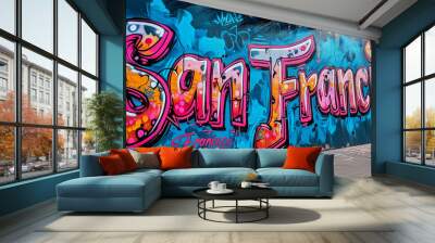 Welcome to San Francisco, California, USA. Colorful graffiti text sign San Francisco written on a cement highway wall. Urban trendy graffiti art with happy pink, blue for tourism vacation by Vita Wall mural