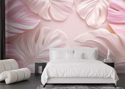 White, pink geometric floral leaves 3d affect Monstera wall texture, floral background illustration banner. Graphic resource abstract, feminine pink tropical leaves, ocean vacation panorama by Vita Wall mural