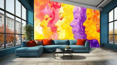 Women silhouette diverse group of friends. Body-positive happy, healthy woman design. Beautiful African American friends with floral hair. Colourful feminine unity abstract background with copy space. Wall mural