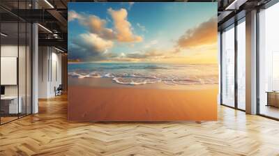 Empty tropical beach and seascape pastel peach fuzz and gold sunset sky, soft sand, tranquility, calm relaxing sunshine, summer mood. Wall mural