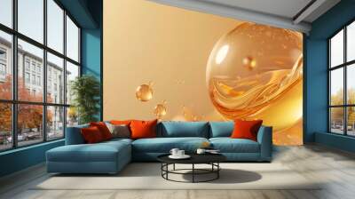 Golden oil bubble with photorealistic details and a glossy finish on background soft gradient of light beige tones Wall mural