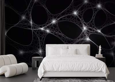 Neural patterns network artificial intelligence on black white background. Neural interface aesthetics different designs, machine network neurons elements, fractals texture, waves, blockchain database Wall mural