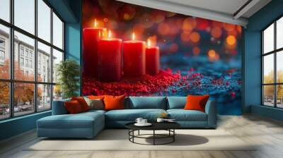 Romantic festive holiday evening. Diwali festival of lights. Holiday background Hindu Diwali or Deepavali. Christmas card Celebration Greeting: Merry Cristmas, Dia de Las Velitas, Feliz Navidat Wall mural