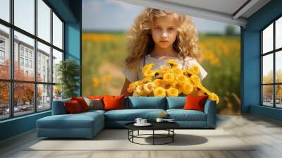 Young girl holding a bouquet of bright yellow flowers in a field on a sunny day. Generative AI Wall mural