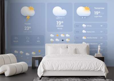 Сards for a weather widget. Weather icon set for a website or mobile app UI. Bright realistic 3d modern glass morphism elements in vector. Wall mural