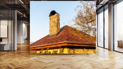 Brown tiles rooftop and chimney of a village house with cloudy sky in background Wall mural