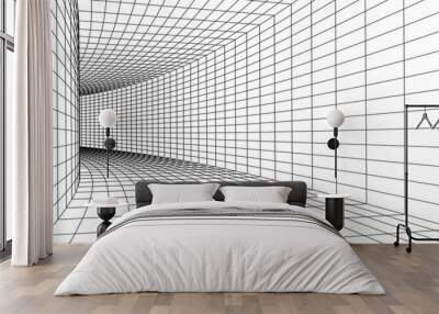 3D wireframe room white on blue background. Abstract perspective grid. Vector illustration. Wall mural