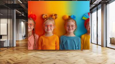 A group of children wearing colorful t-shirts and headgear are standing next to each other in front of an orange and electric blue wall, smiling and happy at an entertainment event. Wall mural