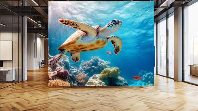 A turtle swimming in a deep ocean underwater surrounded by fish and corals Wall mural