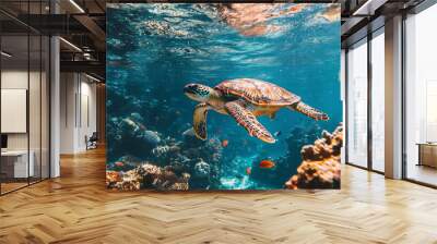 A turtle swimming in a deep ocean underwater surrounded by fish and corals Wall mural