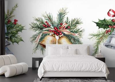 A watercolor set of various Christmas bells Wall mural