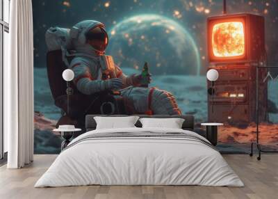 Astronaut in a space suit sits in a chair on a desert planet, drinks beer and watches TV shows on the TV against the backdrop of the planet. Wall mural