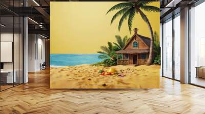 beach with palm trees and house Wall mural