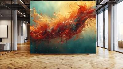 A detailed illustration of a red and yellow substance suspended in mid-air. Wall mural