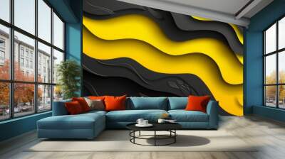 abstract design of black and yellow wavy paper . Wall mural