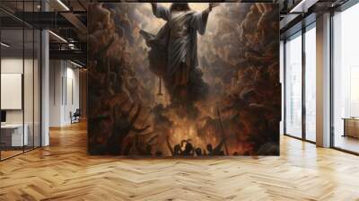 Biblical oil painting of the ascension of African Jesus Christ over the believers AI Wall mural