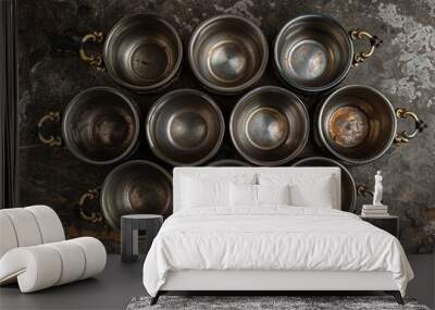 collection of gleaming metal bowls are arranged neatly on a cement floor, reflecting light and showcasing their intricate designs and craftsmanship. Wall mural