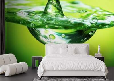 Crystal clear water drip splash abstract form on green background AI Wall mural