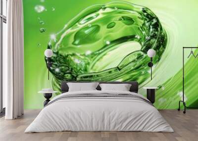 Crystal clear water drip splash abstract form on green background AI Wall mural