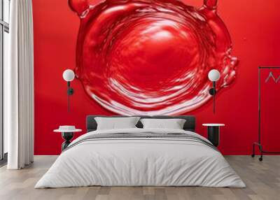 Crystal clear water drip splash on red background AI Wall mural