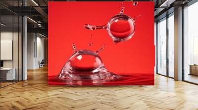 Crystal clear water drip splash on red background AI Wall mural