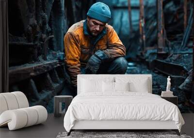 dedicated miner focuses inspecting railway tracks dark coal mine surrounded tools and remnants mining equipment. exhaustion visible his face. Wall mural