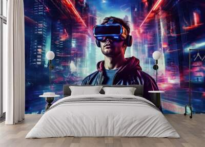 Face of modern Muslim man with beard wearing virtual reality glasses in cyber space AI Wall mural