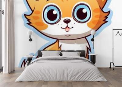 Funny Kitten sticker in cartoon style on white background isolated, AI Wall mural