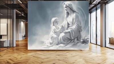 Graphic drawing of the statue of the Orthodox Virgin Mary with the baby AI Wall mural