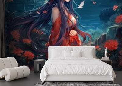 Japanese cartoon anime girl in a dress in a flower field on a full moon made with generative AI Wall mural