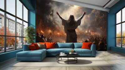 Judgment Day. Angry God stands against the backdrop of blazing fiery sky. Religious apocalypse AI Wall mural