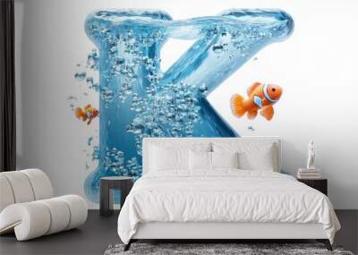 letter K floats within a clear glass texture, brimming with sparkling water and playful orange clownfish. Bubbles rise, enhancing the vibrant aquarium effect. Wall mural