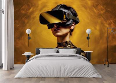 Modern woman in a black futuristic costume with golden elements in virtual reality glasses on a golden background AI Generative AI Wall mural