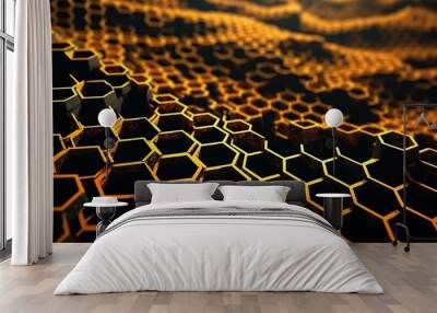 Network connection concept gold honeycomb shiny background. Futuristic Abstract Geometric Background Design Made with Generative Space Illustration AI Scy fi Wall mural